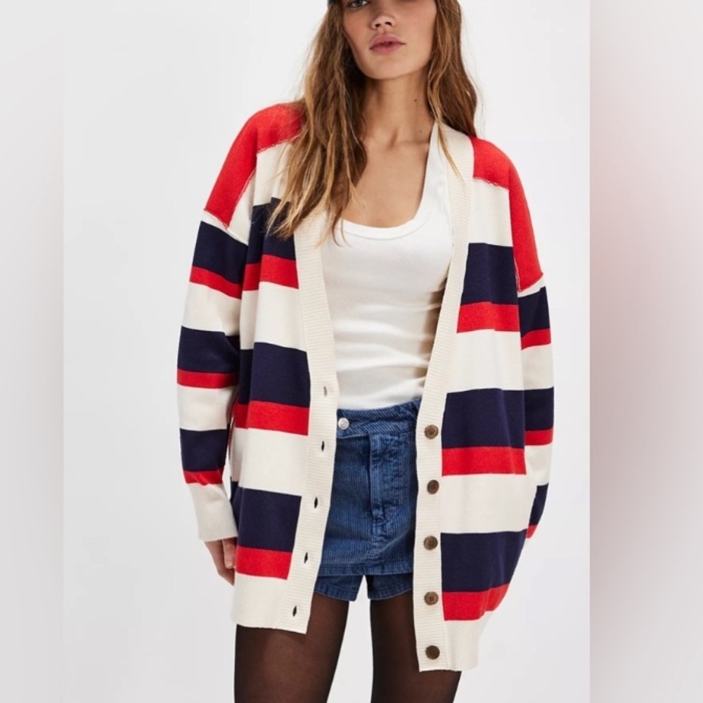 Free People League of Her Own Red & Blue Striped Cardigan Sweater-Size Medium